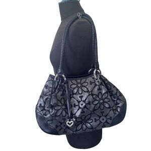 Brighton Valencia Pewter Color Leather Black embroidery‎ Braided strap preloved